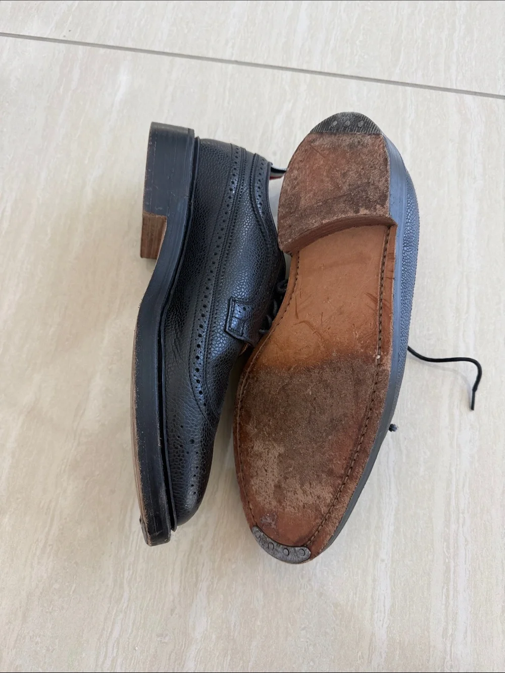 Thom Browne Black Leather Brogue Oxfords with Red-White-Blue Heel Loop